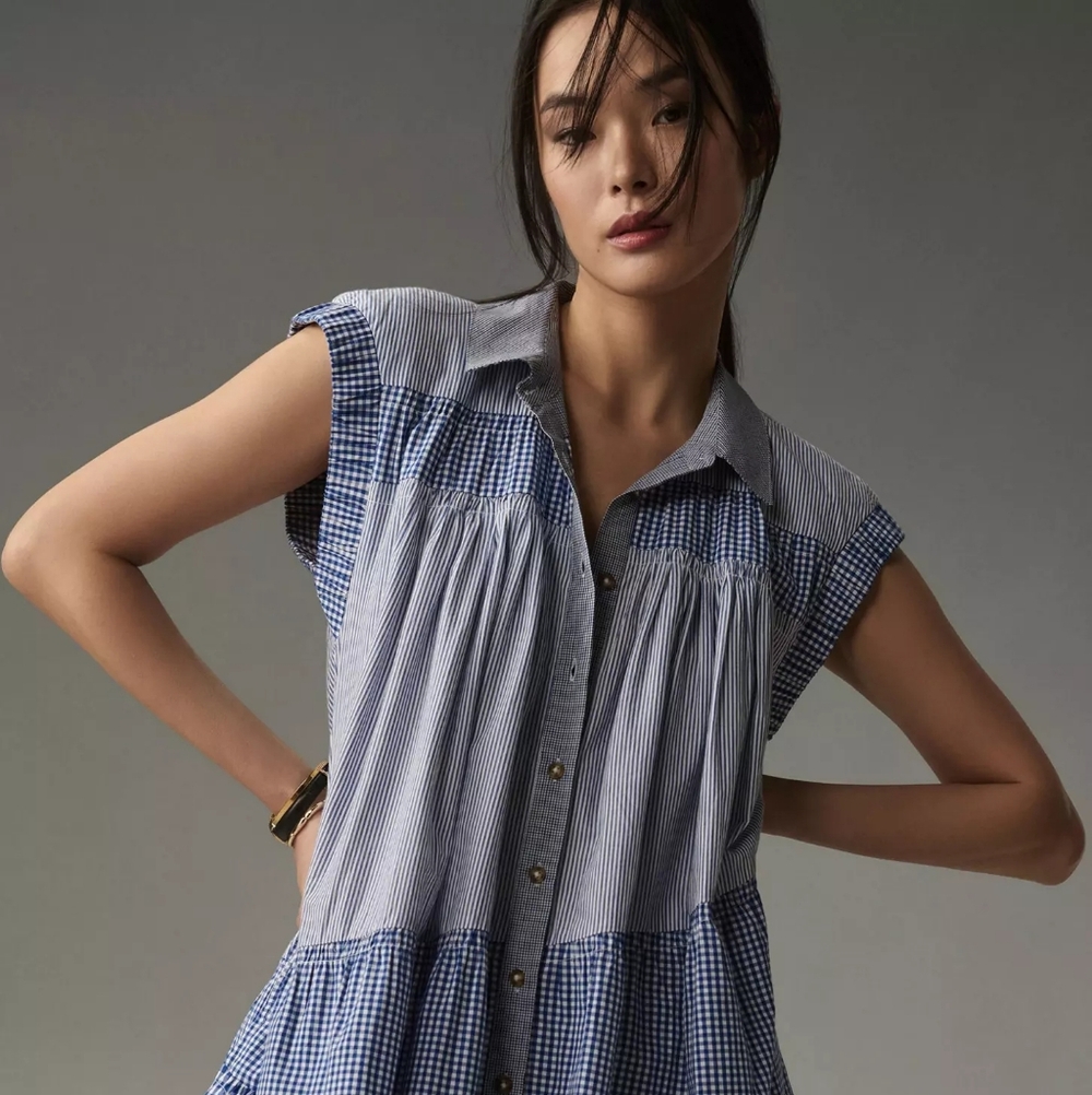 Anthropologie Pilcro Shortsleeve Tunic Mini Blue Gingham Rodeo Women's  Dress 16